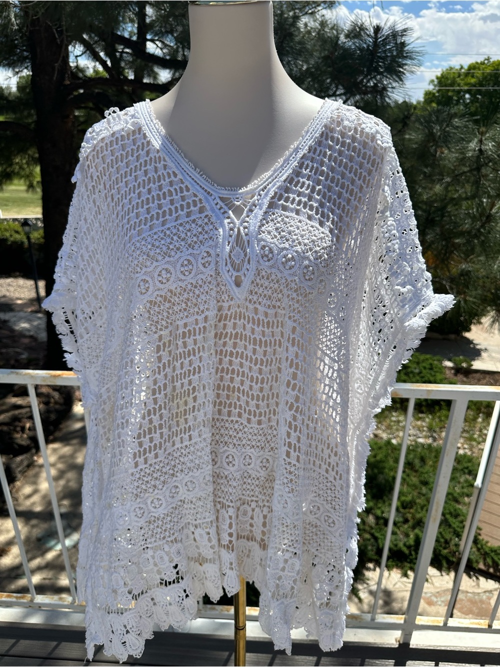 White Crochet Swim Cover-Up Poncho - Women Swim